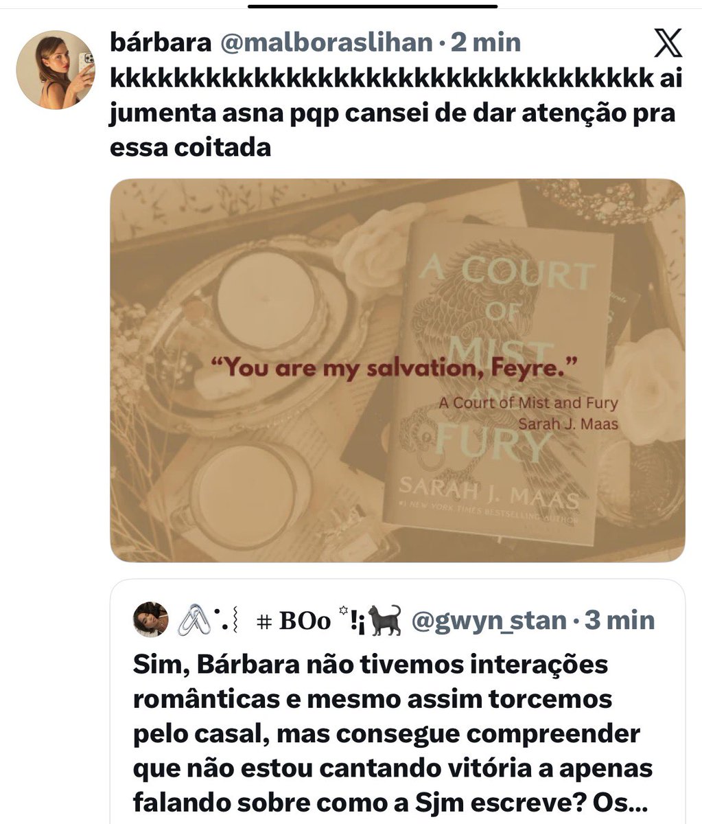 gwyn_stan's tweet photo. A pessoa tenta dialogar com educação e recebe isso, perceba que é sempre um padrão do outro lado meter xingamentos quando acabam os argumentos que podem ser refutados.
Rhys diz que a Feyre é sua salvação: o contexto sendo outro das palavras e não igual ao do az doidinho do centro https://t.co/smnXcn0FlO