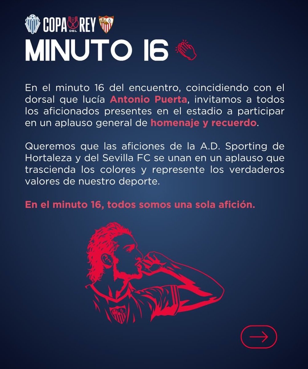 elsevillistaes's tweet photo. 📰 El Sporting de Hortaleza propone un homenaje a Antonio Puerta en su duelo copero ante el Sevilla

⚪️🔴 El conjunto madrileño invita a ambas aficiones a realizar una ovación en el minuto 16

#️⃣ #SevillaFC #CopaDelRey #HortalezaSevilla 

✍️ Redacción 

🔗 https://t.co/3x9kEUzrOM https://t.co/Dd2eCrit8v