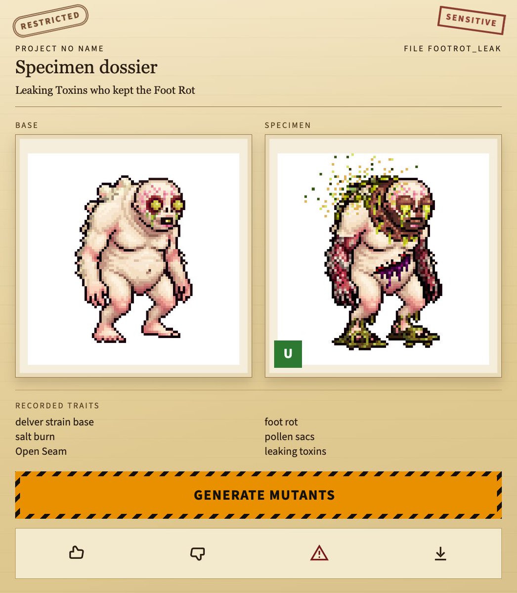 WizardTimeSpeed's tweet photo. This poor creature did not survive long outside the generation pods... reached genetic instability and dissolved right in front of us. He did prove useful for biomass and gene extraction though, so that's an upside.

#pixelart #mutants #gamedev https://t.co/vlorq5iNhL