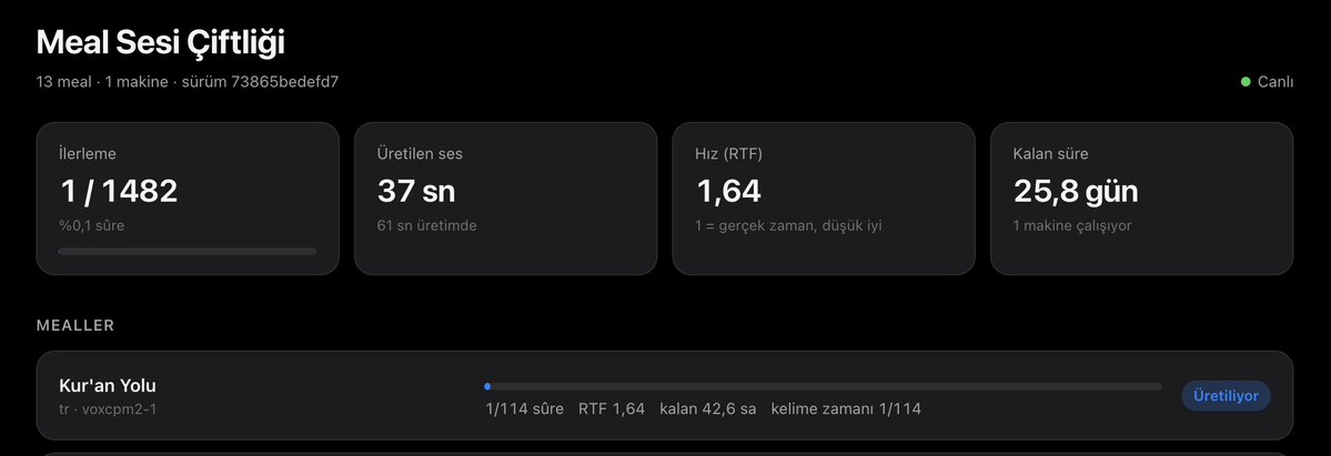 hakancelikdev's tweet photo. Bilgisayarını paylaşmak isteyen var mı? En az 32 GB belleği olan bir Apple Silicon Mac’in (M1/M2/M3/M4) varsa, Vakit’teki meallerin seslendirilmesine katkı sağlayabilirsin. Evde 3 bilgisayarım var: ana bilgisayar işleri dağıtıyor, en güçlüsü sesi üretiyor, üçüncüsü üretilen seslerin kalitesini kontrol ediyor. Güçlü Mac’i olan arkadaşlar yazarsa üretim süresini epey kısaltabiliriz. 🎙️