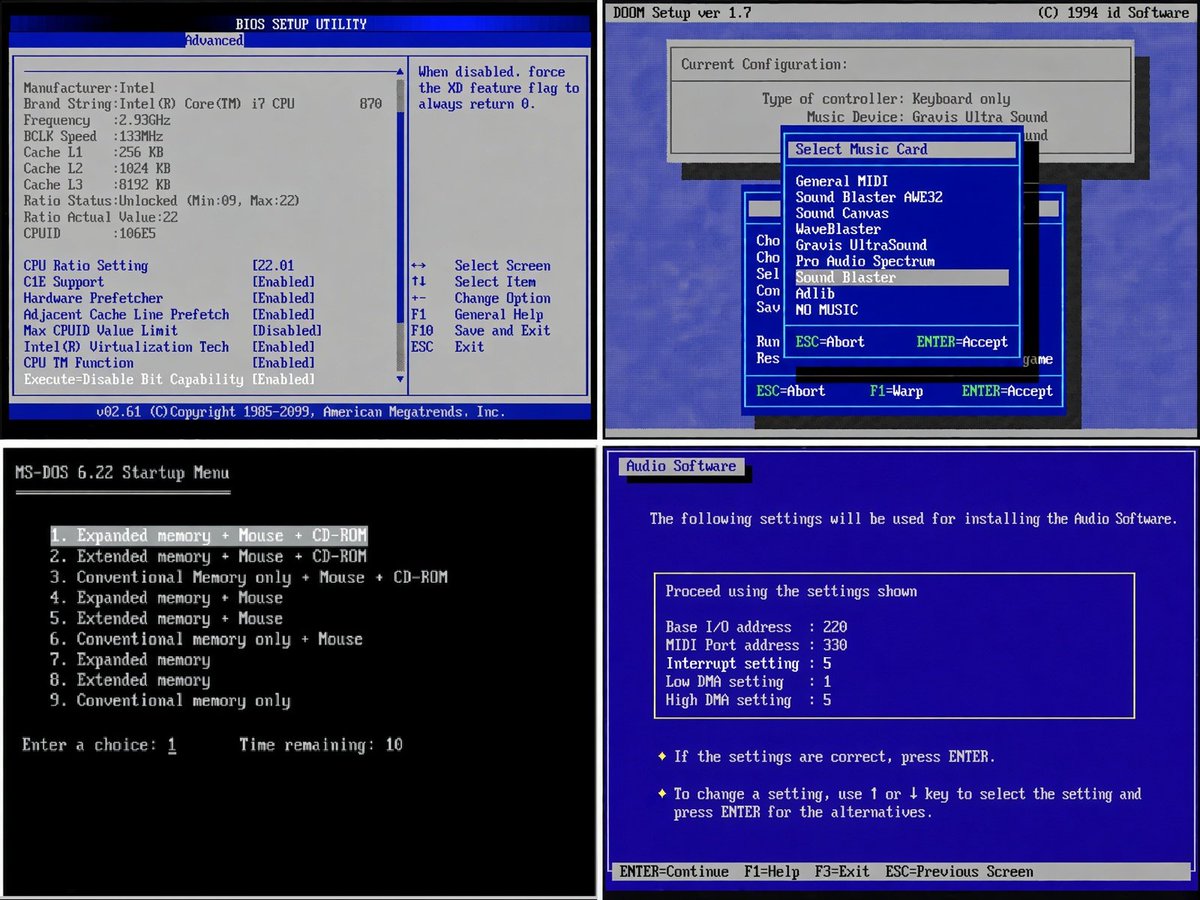 exQUIZitely's tweet photo. Gamers today click "Install," wait a little while, and then hit the "Play Game" button. Technical skill required: zero.

Gamers in the 1990s needed a PhD in computer science, mastery of hardware and software configuration, willpower, patience, BIOS knowledge, boot disks, base memory management skills, and insane amounts of trial and error - just to run a single game.

Show this to anyone under 35 and they'll think you were a wizard... and maybe you were!