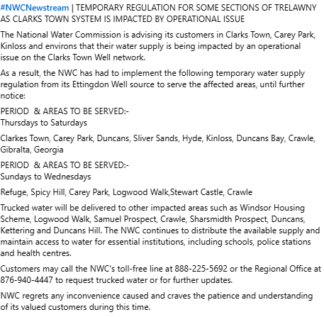 NWCjam's tweet photo. #NWCNewstream |  The National Water Commission is advising its customers in Clarks Town, Carey Park, Kinloss and environs that their water supply is being impacted by an operational issue on the Clarks Town Well network. https://t.co/jRNivMTNRc
