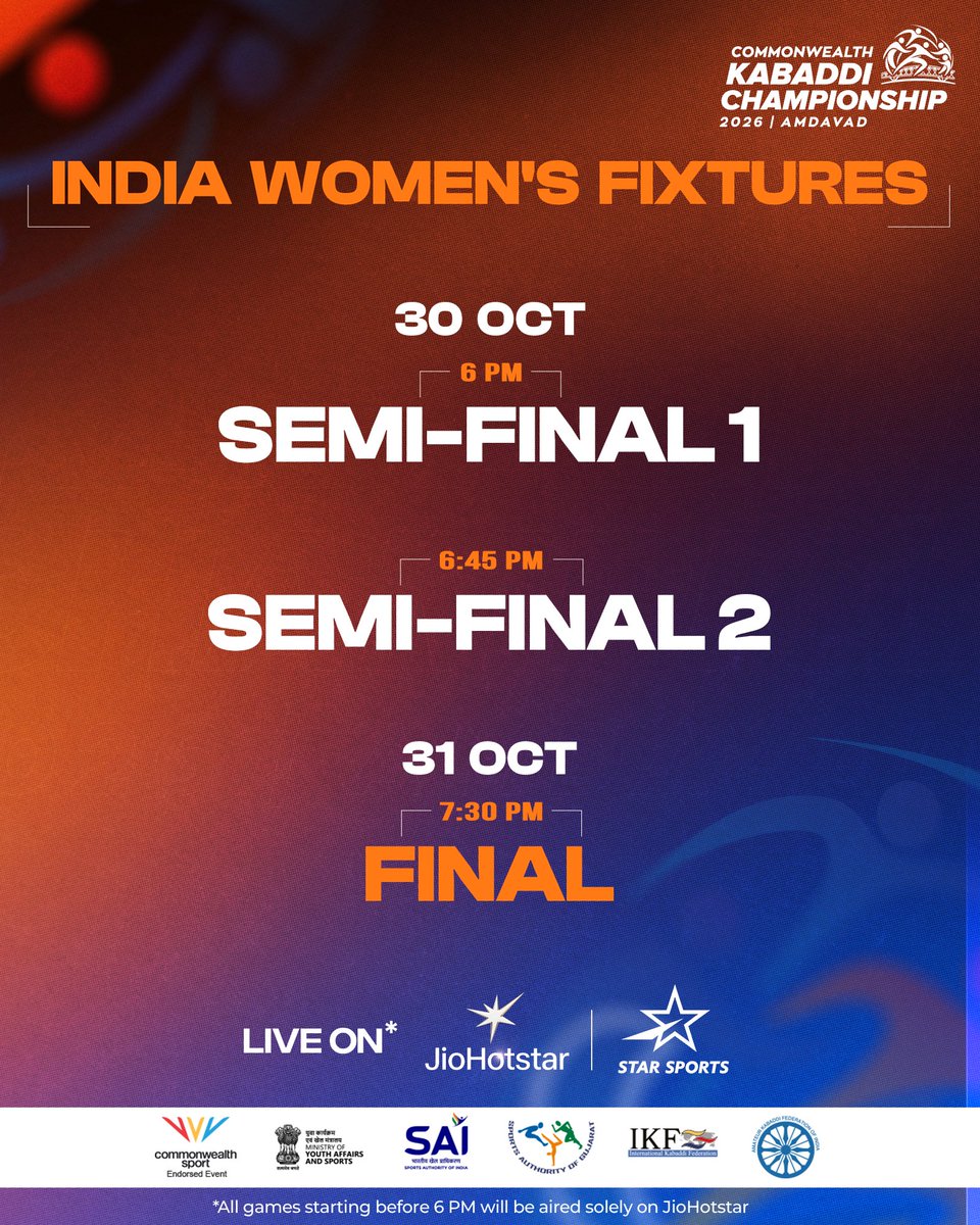 ProKabaddi's tweet photo. 🚨 𝐔𝐏𝐃𝐀𝐓𝐄𝐃 𝐅𝐈𝐗𝐓𝐔𝐑𝐄𝐒 🚨

India’s road to glory, mapped out 🇮🇳

Check out the fixtures for India Men and Women at the Commonwealth Kabaddi Championship 2026 🏆

[Pro Kabaddi, Commonwealth Kabaddi, World Karega Raid] https://t.co/hmtSoBjGsg