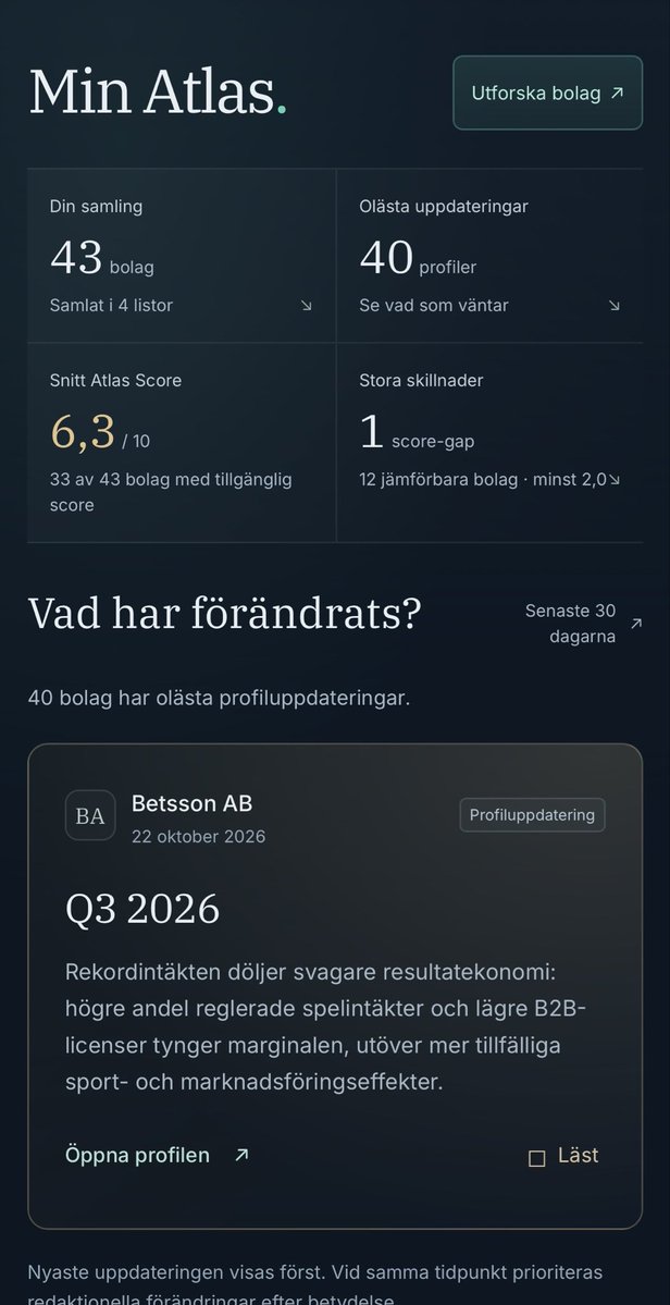 BolagsAtlas's tweet photo. Flera nyheter är nu på plats på https://t.co/LZAO6zWO4x! 

- Rapportkalendern har byggts ut med event, bevakning och bättre överblick över kommande rapporter. 
- Min Atlas har samtidigt fått ett tydligare flöde där du kan följa vad som förändrats i bolagen du bevakar, och på profilsidorna finns nu personliga checklistor för att hålla ordning på rapporter, analyser och din egen investeringstes. 

Målet är enkelt: att göra det lättare att följa bolag och arbeta mer strukturerat med sin analys. #finanstwitter