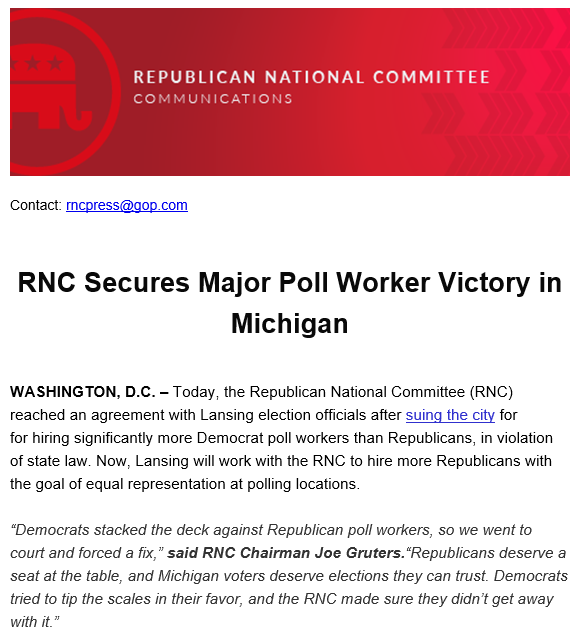 RNCVoteProtect's tweet photo. 🚨 REPUBLICANS ARE WINNING IN MICHIGAN: Today, we STOPPED left-wing election officials from shutting Republicans out of poll worker positions. 

More ⬇️ https://t.co/osRMEpZjGO