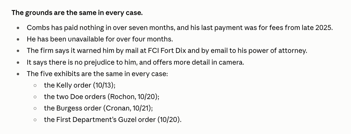 diddydocket's tweet photo. In the matter of Sean Combs legal representation,

The New York State Civil Supreme Court dockets are poppin' today with Sher Tremonte's motions to exit 14 more Diddy sexual assault civil lawsuits. 😬 https://t.co/cUvkz8DCRv