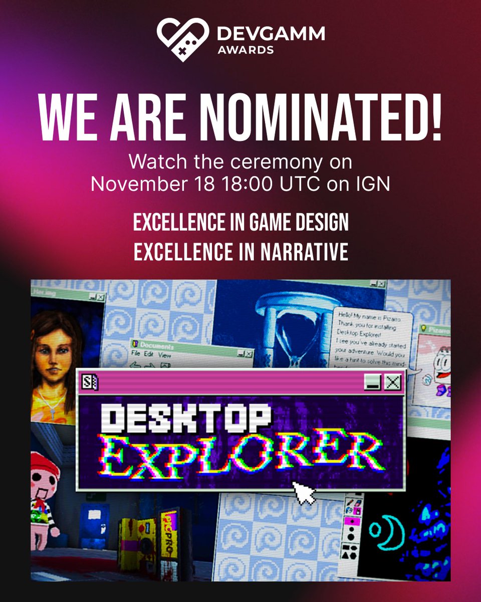 DesktopExplorer's tweet photo. 🎉 Desktop Explorer has been nominated for TWO categories at the DevGAMM Awards 2026: Excellence in Narrative and Excellence in Game Design! 🏆

Thank you to everyone who has supported us on this journey. 💜

📺 Watch here: https://t.co/cAHuNK2bz6 https://t.co/fLkV3ALtWA