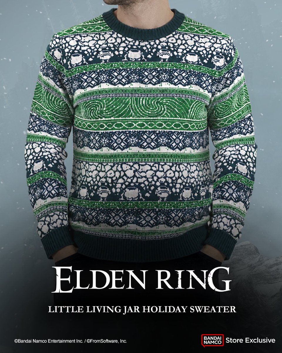 BandaiNamcoUS's tweet photo. Enjoy a festive journey through the Lands Between with the ELDEN RING Little Living Jar Holiday Sweater. Featuring the formidable Living Jars in an all-over green design, it’s perfect for celebrating the seasons between Sites of Grace.

Pre-order: https://t.co/kAszvrIC6I https://t.co/vOXVSKp7bP