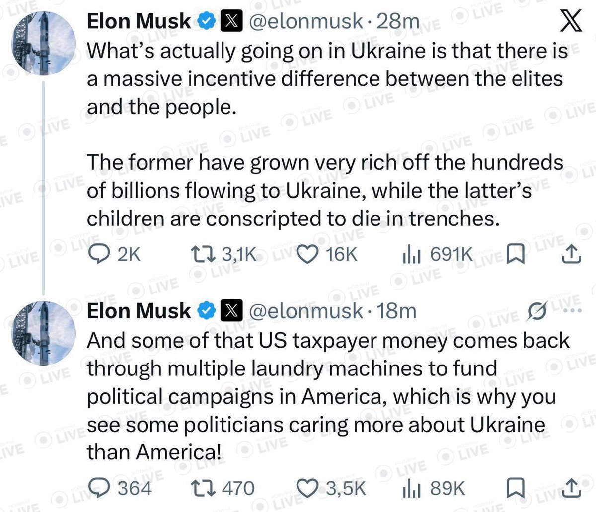 front_ukrainian's tweet photo. ❗️Elon Musk stated that Ukrainian elites have “greatly enriched themselves” on hundreds of billions of dollars of U.S. aid, while the interests of the elites and the people diverge sharply: children of ordinary people are being mobilized to die in the trenches. He also claims that part of American taxpayers’ money supposedly returns to the U.S. through laundering schemes and is used to finance political campaigns — without providing any evidence.