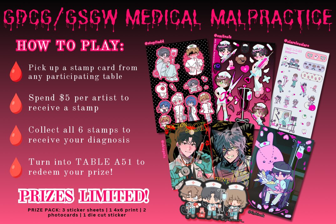 SilverElfyleaf's tweet photo. 🩸GDCG/GSGW ANIME NIGHT MART STAMP RALLY💉

Oh no! I’ve suddenly fallen ill…. I can trust these healthcare professionals….. right? 

🩸Pick up a stamp card from a participating table
🩸Spend $5 at each artist
🩸Turn into A51 for your prize!

#gdcg #gsgw #괴담출근 https://t.co/PwkPPidbQd