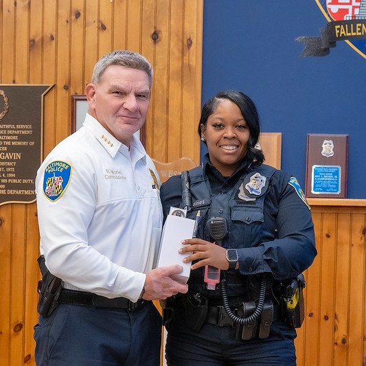 BaltimorePolice's tweet photo. Commissioner Worley & Deputy Jones recently joined roll call at the Eastern & Southwest Districts, taking time to connect with officers and recognize one officer at each district for their recent efforts to remove illegal handguns off our streets.

We thank all of our officers for their hard work, dedication, and continued commitment to keeping Baltimore communities safe. Your efforts make a difference every day!
#Baltimore #BPDStrong