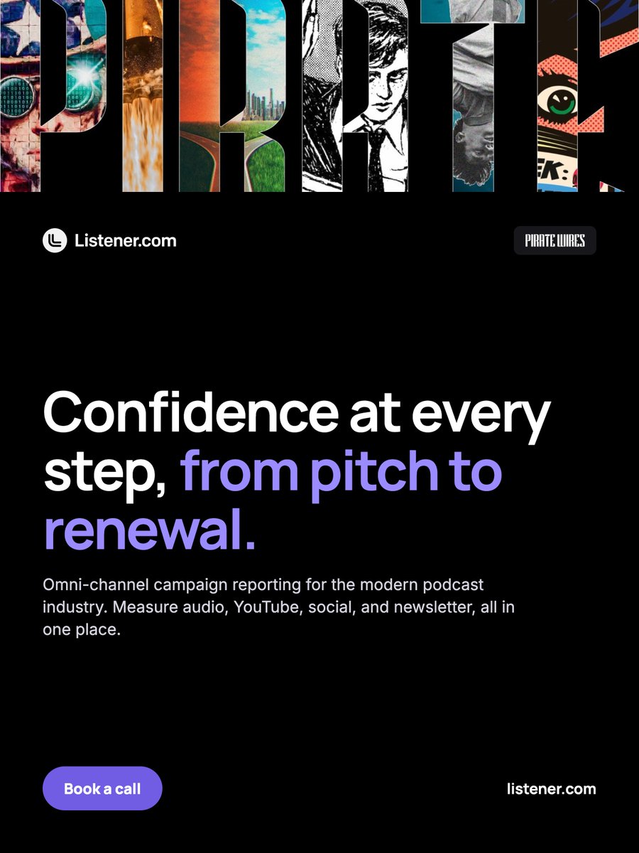CaseyAdams's tweet photo. Ever since launching our integration with @Substack, it’s been incredible to see how top podcast publishers are using @Listener to track their omni-channel campaigns.

Working alongside the @PirateWires team has been a highlight (shoutout to @planetmaxwell and the entire PW team!).

When they relaunched their podcast, they brought on some incredible brand partners, including @joinautopilot, @MonacoGTM, and @EightSleep. With https://t.co/JGNL078b67, they track every episode and campaign across audio, YouTube, social, and newsletter in one place.

Substack publishers are some of the most impactful podcasters out there because of their deep communities, and we’re grateful to be working with many of the top publishers like PW.

Running a podcast on Substack? Book 15 minutes with us and we’ll show you how it works with your own show.