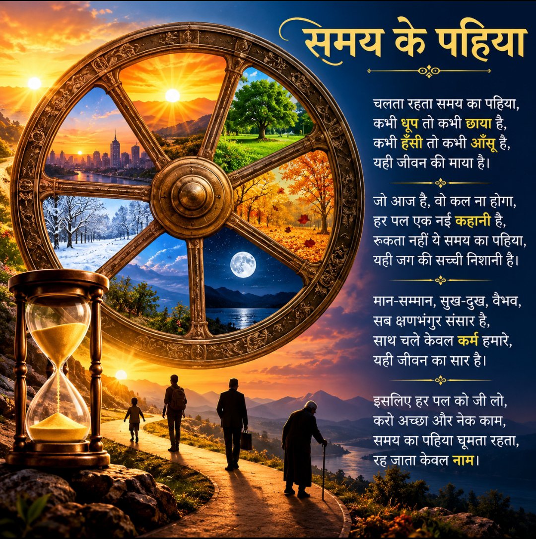 mishr41466702's tweet photo. समय पाय फल होत है, समय पाय झरि जात।
सदा रहे नहिं एक सी, का रहीम पछितात॥
भावार्थ: हर काम का अपना समय होता है। समय आने पर फल मिलता है और समय बीतने पर वह झड़ भी जाता है। इसलिए परिस्थितियों के बदलने पर पछताने के बजाय समय की गति को समझना चाहिए।
#TimeMachine #समय #wheel https://t.co/eIgRoygebH
