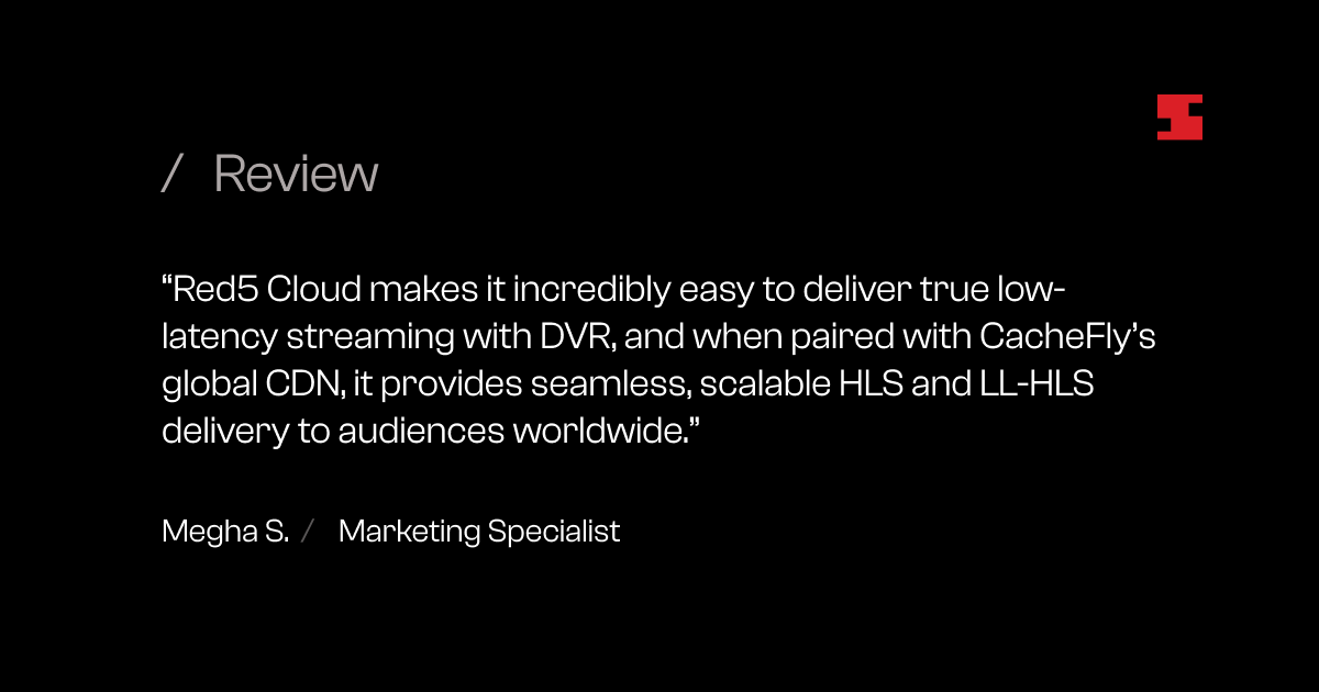 Red5Pro's tweet photo. 🎬  Red5 Reviews! Quotes from our customers.

Thank you Megha. We appreciate your work with our partner CacheFly. https://t.co/2ggL9cU2QG