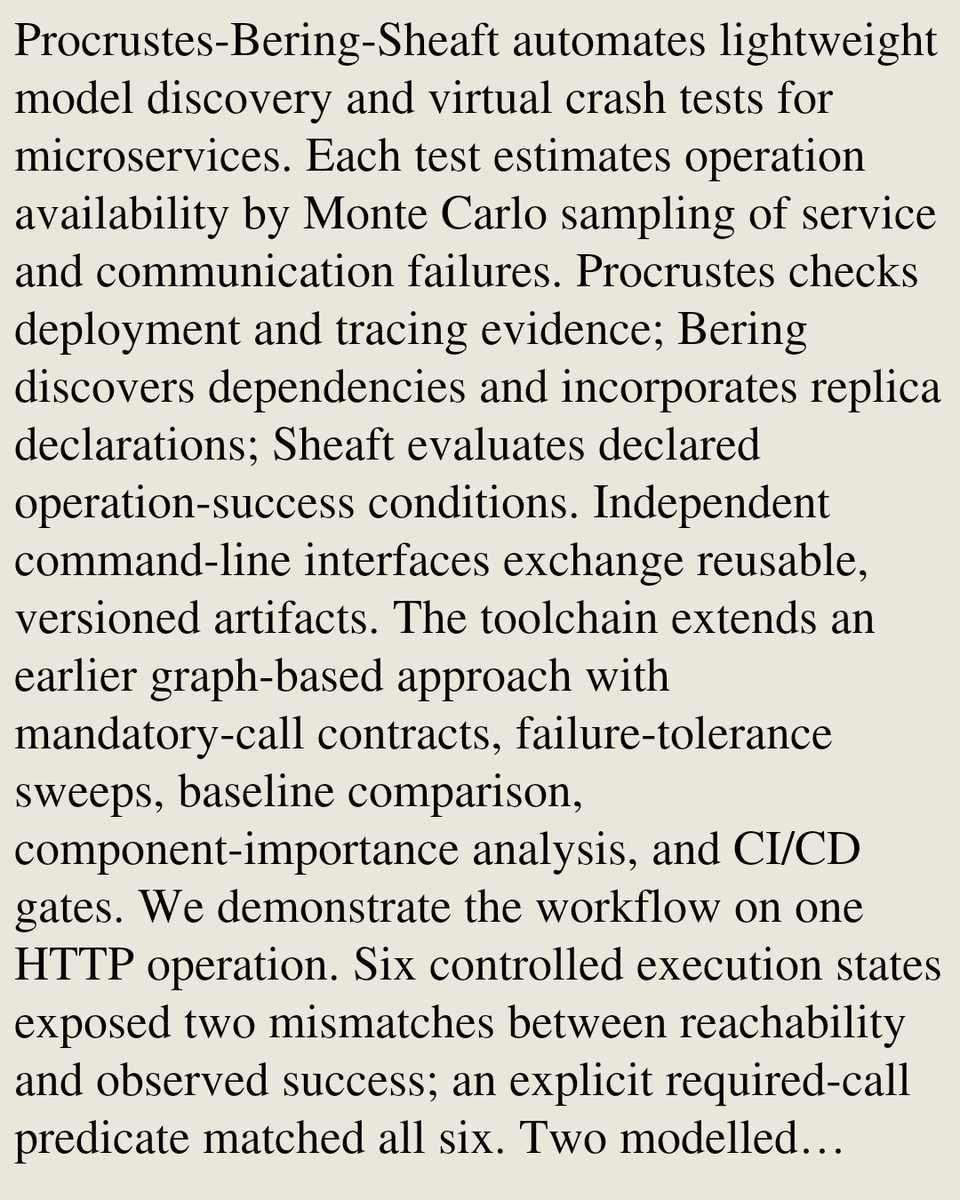 ComputerPapers's tweet photo. Procrustes-Bering-Sheaft: Automated Model Discovery and Virtual Crash Tests for Microservices

Anatoly A. Krasnovsky
https://t.co/QbOOuwNRbv [𝚌𝚜.𝚂𝙴 𝚌𝚜.𝙳𝙲 𝚌𝚜.𝙿𝙵]
💬Submitted to the ICSE 2027 Tool Demonstration and Data Showcase track https://t.co/W0qZgbiaVi