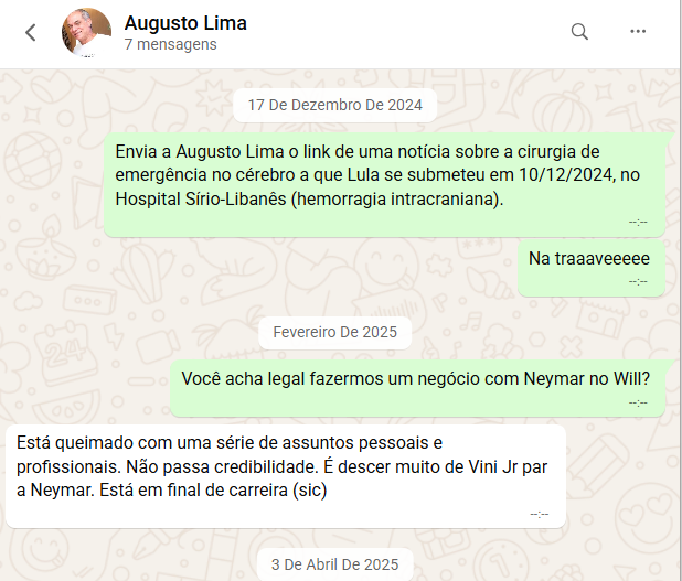 centralreality's tweet photo. 🔥Em prints vazados, Neymar é HUMILHADO por Augusto Lima ao ser sugerido por Vorcaro como possível parceria no Will:

“Está queimado com uma série de assuntos pessoais e profissionais. Não passa credibilidade. É descer muito de Vini Jr pra Neymar. Está em final de carreira." https://t.co/0uQPcfZSRo