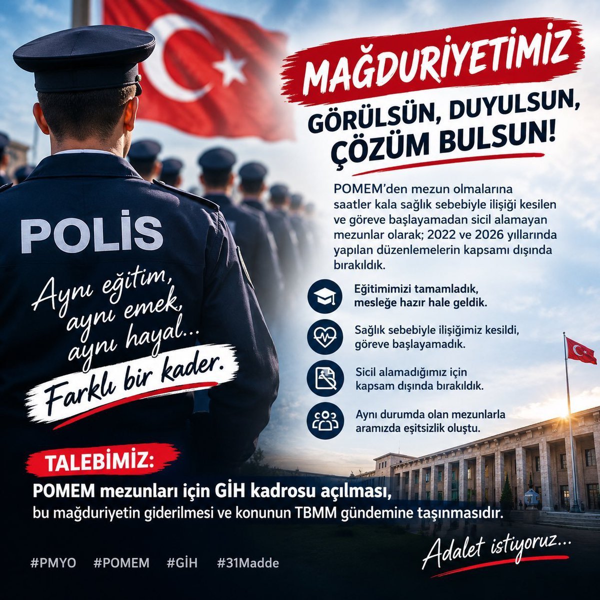 SaglikEgmMagdur's tweet photo. Gençlerin hayalleri ve gelecekleri belirsizliğe terk edilmemeli. Eğitimini başarıyla bitiren POMEM sağlık mağdurları için adil bir çözüm bekliyoruz!
#pomemsağlıkmağdurları https://t.co/6VtqYPzhxB