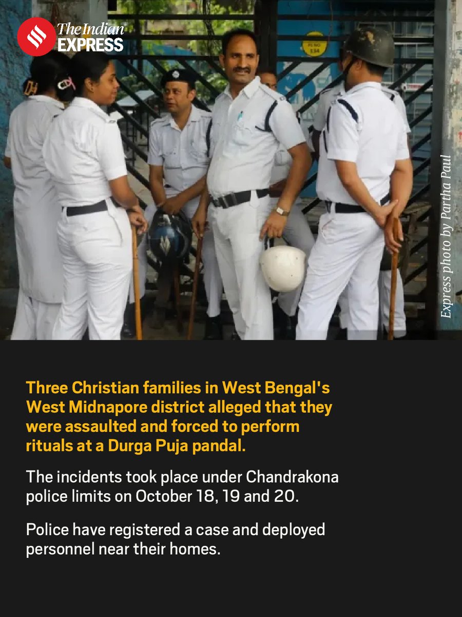 IndianExpress's tweet photo. Three Christian families were allegedly assaulted, one of them was forced to take a purification bath in public, and all were made to perform a ritual at a Durga puja pandal in West Bengal’s West Midnapore district.

🔗 https://t.co/Mos98FUEB2

Written by: Ravik Bhattacharya https://t.co/7KEro2exsa