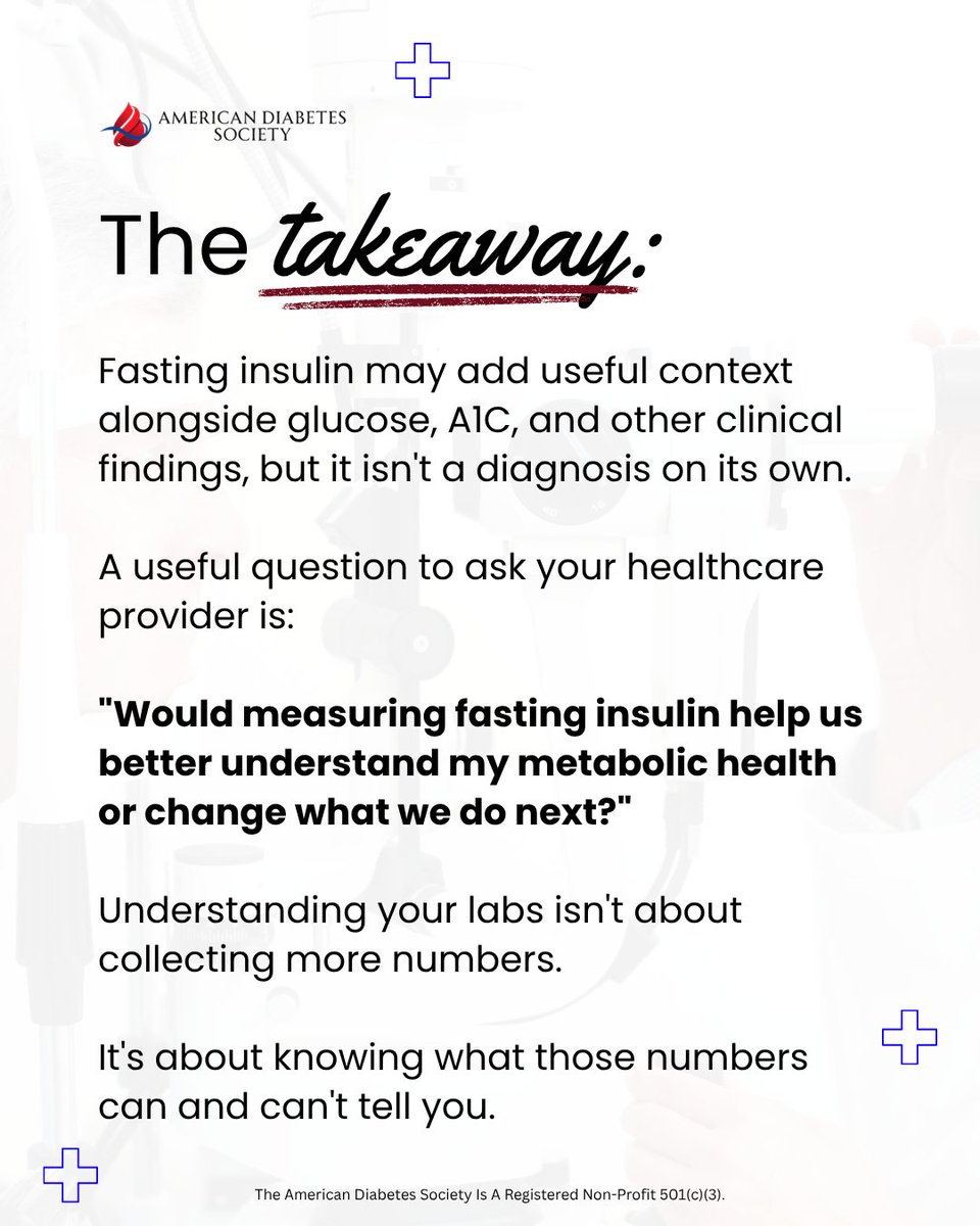 OfficialADSOrg's tweet photo. A normal A1C doesn't necessarily mean normal insulin levels.

A1C estimates average blood glucose. Fasting insulin measures insulin circulating after a fast.

It can add helpful context about insulin resistance. Ask your doctor to interpret both alongside your health history. https://t.co/mL2c4hqkCp