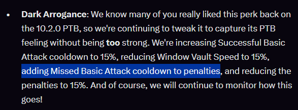 Canatopher's tweet photo. Wait I just realized, the proposed Dark Arrogance change is even WORSE than I thought.
How strong do they think a 5% increase to hit cooldown is?? Sure, the stun/blind is reduced from 25% to 15%, but now a MISSED attack is 15% longer too, AND the vault speed is reduced to 15%... https://t.co/PJUirSWg0W