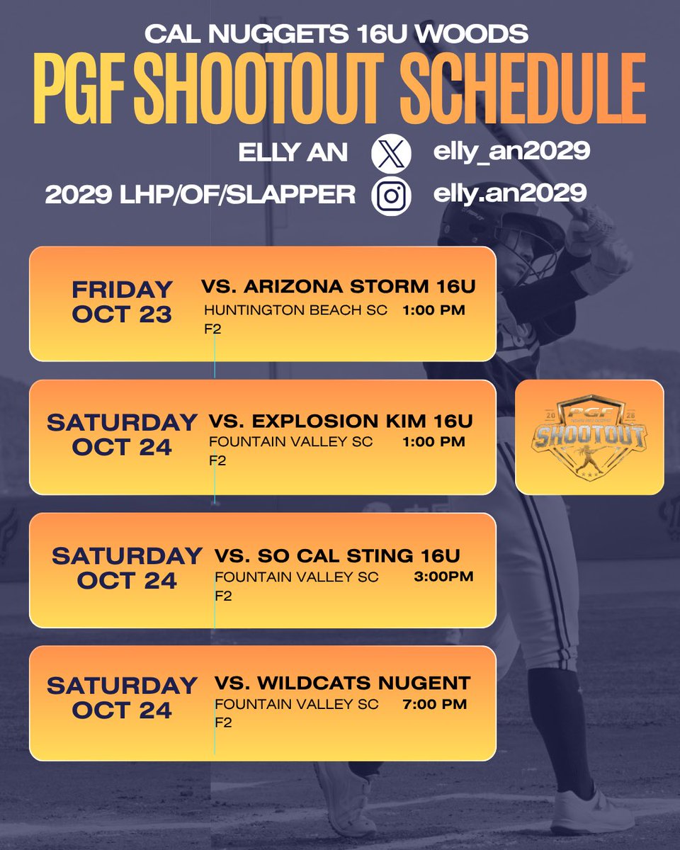 elly_an2029's tweet photo. Schedule for the PGF shootout this weekend!! Unfortunately, our game today got canceled, but I am so excited to compete tomorrow. Go Nuggets 💙 💛 https://t.co/olKMgT8XvR