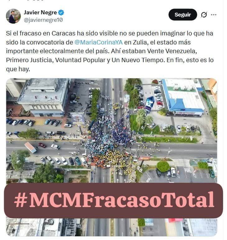 _ColosalRed_'s tweet photo. #MCMFracasoTotal

Hasta Javier Negre se asombra del nivel de soledad de la "Gran marcha", juntar a todos los partidos en el Zulia para este triste cuadro y toma fotográfica solo confirma lo que se ve en la foto. El fracaso de las convocatorias de María Corina Machado ya da pena. https://t.co/nhkrXTlKgq