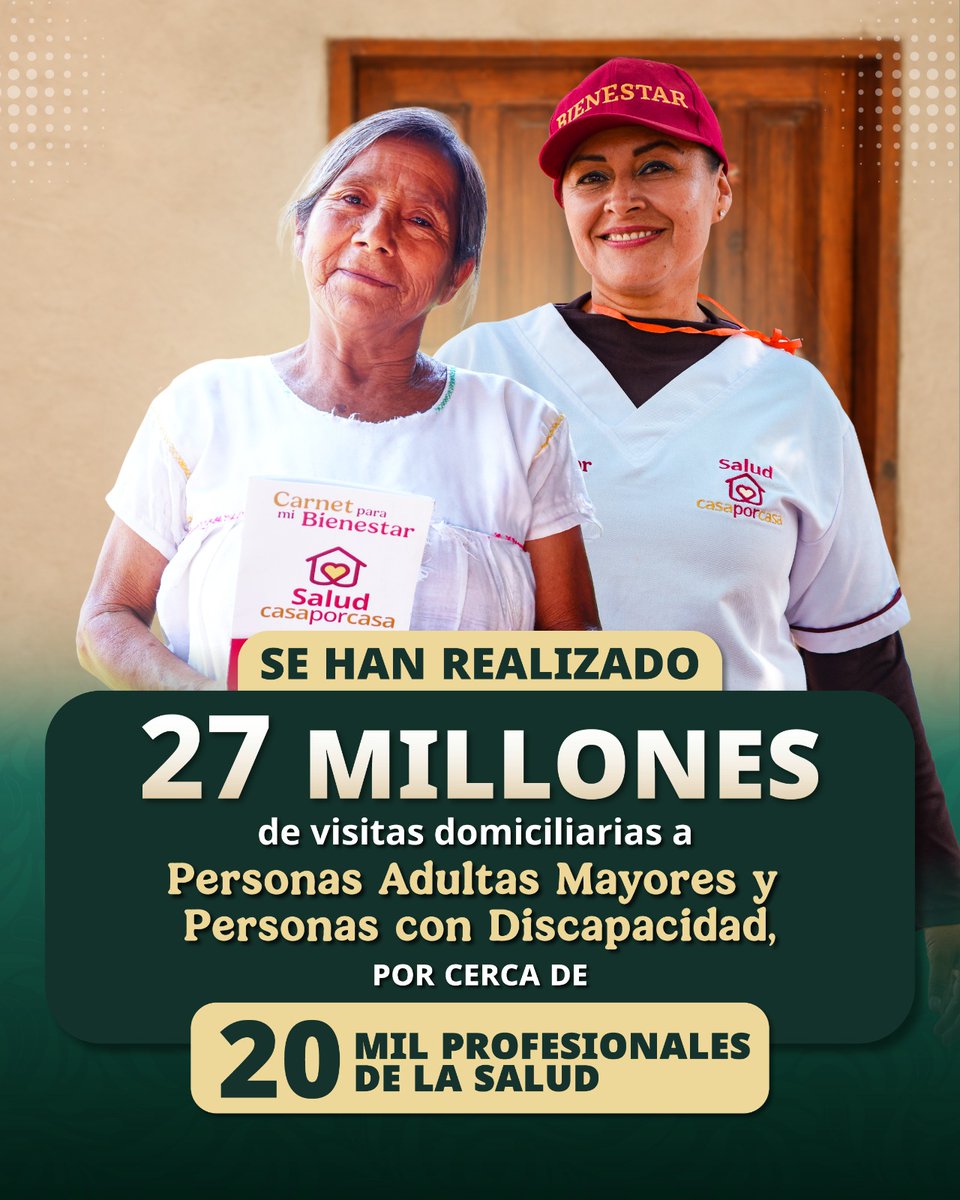 bienestarmx's tweet photo. A través de #SaludCasaPorCasa, cerca de 20 mil profesionales de la salud han realizado 27 millones de visitas domiciliarias a personas adultas mayores y personas con discapacidad, acercando la atención médica hasta sus hogares.

#ComparecenciaBienestar 
#LetiRamírez https://t.co/MjWO25RupK
