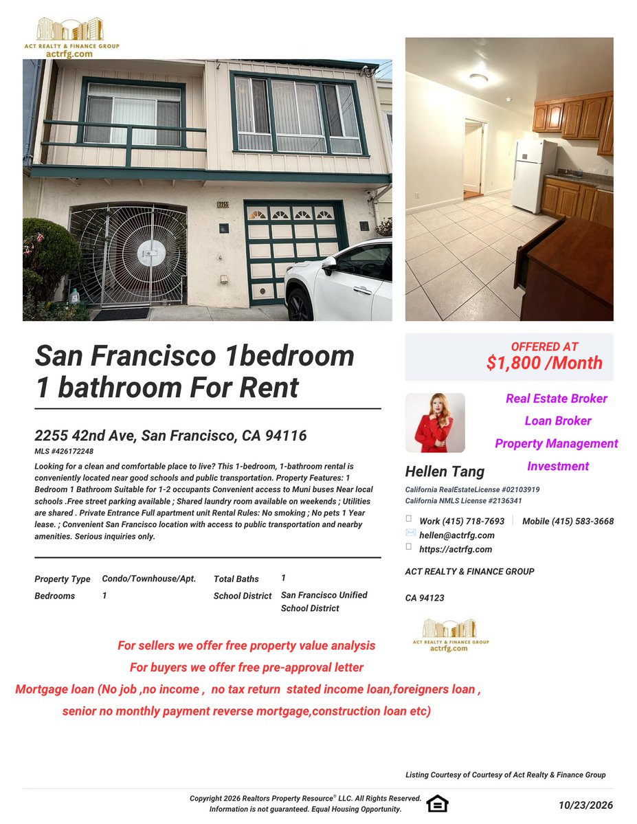 actrfg's tweet photo. #SanFranciscoApartmentForRent 🏡 #SFPROPERTYFORRENT – 1 BEDROOM, 1 BATHROOM
📍 Address: 2255 42nd Ave, San Francisco, CA
Looking for a clean and comfortable place to live? This 1-bedroom, 1-bathroom rental is conveniently located near good schools and public transportation.
✨ Property Features:
🛏️ 1 Bedroom
🛁 1 Bathroom
👥 Suitable for 1–2 occupants
🚌 Convenient access to Muni buses
🏫 Near local schools
🚗 Free street parking available
🧺 Shared laundry room available on weekends
💡 Utilities are shared
Private Entrance
Full apartment unit
📋 Rental Rules:
🚭 No smoking
🐾 No pets
1 Year lease.
📍 Convenient San Francisco location with access to public transportation and nearby amenities. #Openhouse this #Saturday Oct 24th 2026 2pm-4pm 🏡 #旧金山 #三藩市房屋出租｜一房一卫
📍 地址：2255 42nd Ave, San Francisco, CA
#旧金山一房一卫出租，环境舒适，交通便利，附近有很好学校及公交车站，适合单人或两人居住。
✨ 房屋特点：
🛏️ 一间卧室
🛁 一间浴室
👥 适合 1–2 人居住
🏫 附近有 #很好的学校
🚌 附近有 #Muni 公交车，出行方便
🚗 可 #免费路边停车（Free Street Parking）
🧺 周末可使用共用洗衣房
💡 水电等公共事业费用由住户共同分摊
📋 租房规定：
🚭 室内及房屋内禁止吸烟
🐾 不允许养宠物
租期一年
独立出入口 #周六开放日 10月24号下午2点-4点  We services all of California and select other states and provides free professional property value analysis for sellers and helps buyers find the right property and get free mortgage pre-approval letter even if banks say no.
We specialize in flexible financing solutions for various types of buyers and sellers, including:
No income / No job / No tax returns
Foreign buyers
Seniors no monthly payment
Construction Loans
Don’t worry if traditional banks turned you down — we can help.
One-Stop Real Estate Shop
Buying
Selling
Mortgage Loans
Investment
Property Management
Work with a top agent and broker who delivers results.
Contact Us Today:
+1-415-583-3668 | +1-415-718-7693 (Call / WhatsApp / Telegram)
#actrealtyfinancegroup #realestateagent #realtor #broker #loanofficer #bayarea #listingagent #buyersagent #loanbroker #realestatebroker #sanfranciscorealtor #siliconvalleyrealestateagent #SFbroker #propertymanagement #investment #commericalmortgagebroker #sanfranciscobroker #brokerage #realestatebrokerage #firsttimehomebuyer
#美国加州旧金山房地产经纪 #美国加州房地产经纪商 #美国旧金山物业管理公司 #美国加州物业管理 #美国加州房地产贷款经纪 #美国房地产投资 #美国 #美国房地产投资