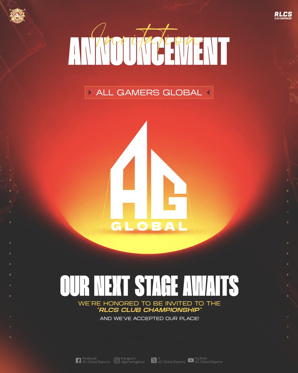 AGGlobalEsports's tweet photo. All Gamers Global is honored to announce that we have received an invitation to the RLCS Club Championship, and we are proud to confirm that we have officially accepted our place.

Our next stage awaits.

#AGGlobal #AllGamersGlobal #RLCS #RLCSClubChampionship https://t.co/BavPxPJMga