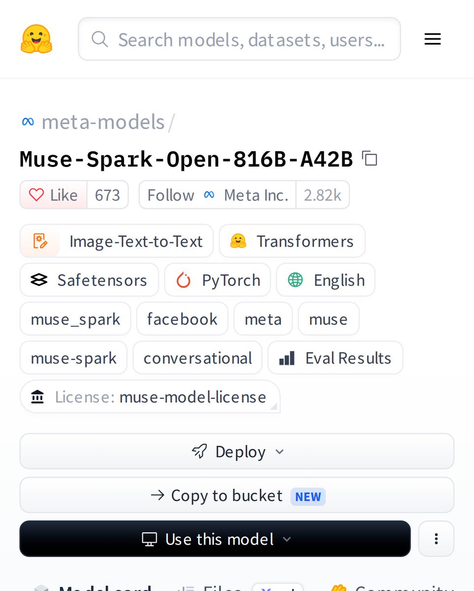 HuggingModels's tweet photo. Meet Muse-Spark-Open-816B-A42B by meta-models: a 816B parameter image-text-to-text model that's sparking conversations. With 5k+ downloads and 673 likes, it's the talk of the town. Ready to explore? https://t.co/kYWt0ZOSDO