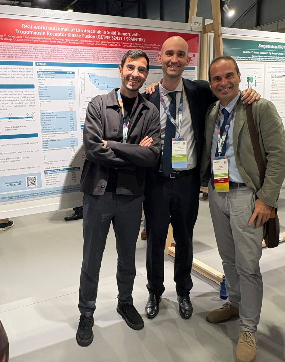 JHernando3's tweet photo. Great to present the results of the @GrupoGetne SPAINTRK study at #ESMO2026!

Our real-world data in spanish population support the efficacy and durability of larotrectinib across NTRK fusion-positive solid tumors.
Proud of this collaborative effort! https://t.co/dxJDljN9op