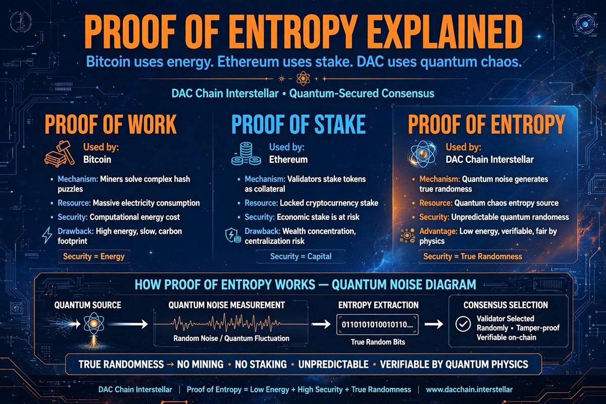 marvelsantos54's tweet photo. PROOF OF ENTROPY EXPLAINED

Bitcoin uses energy. Ethereum uses stake. @dac_chain uses quantum chaos.
Most chains secure network with money or electricity.
DAC secures it with physics.

3 SYSTEMS:

1. PROOF OF WORK (Bitcoin)
→ Miners solve hash puzzles
→ Resource: Massive power https://t.co/GdI5MHXPT9