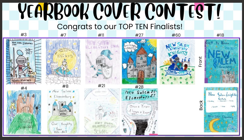 NewSalemESNC's tweet photo. 🎉 Congrats to our Top 10 Yearbook Cover Contest finalists! With 60+ entries, our Knights voted this week for their favorite! 🥁 The 2026–2027 winner is… 🌟 Whitleigh! 🌟 Way to go! 
@UCPSNC @AGHoulihan @boatcandice #UCPSIMLC https://t.co/pcGIsqQkCx