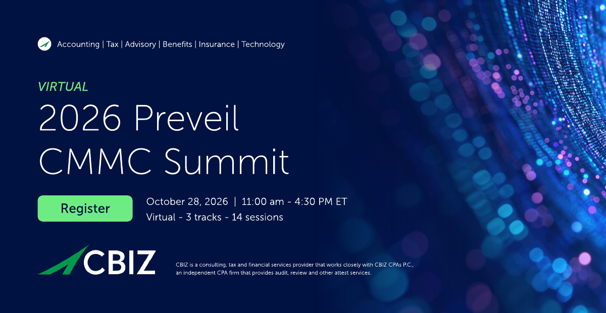 AMBurkey127's tweet photo. Headed to the 2026 PreVeil #CMMC Summit? Join one of the industry's most attended CMMC events and hear directly from the experts defining and assessing the standards. CBIZ is proud to be a Diamond Sponsor. https://t.co/bkqW8BC20d #GovCon #Compliance https://t.co/fOLiY2PIFy