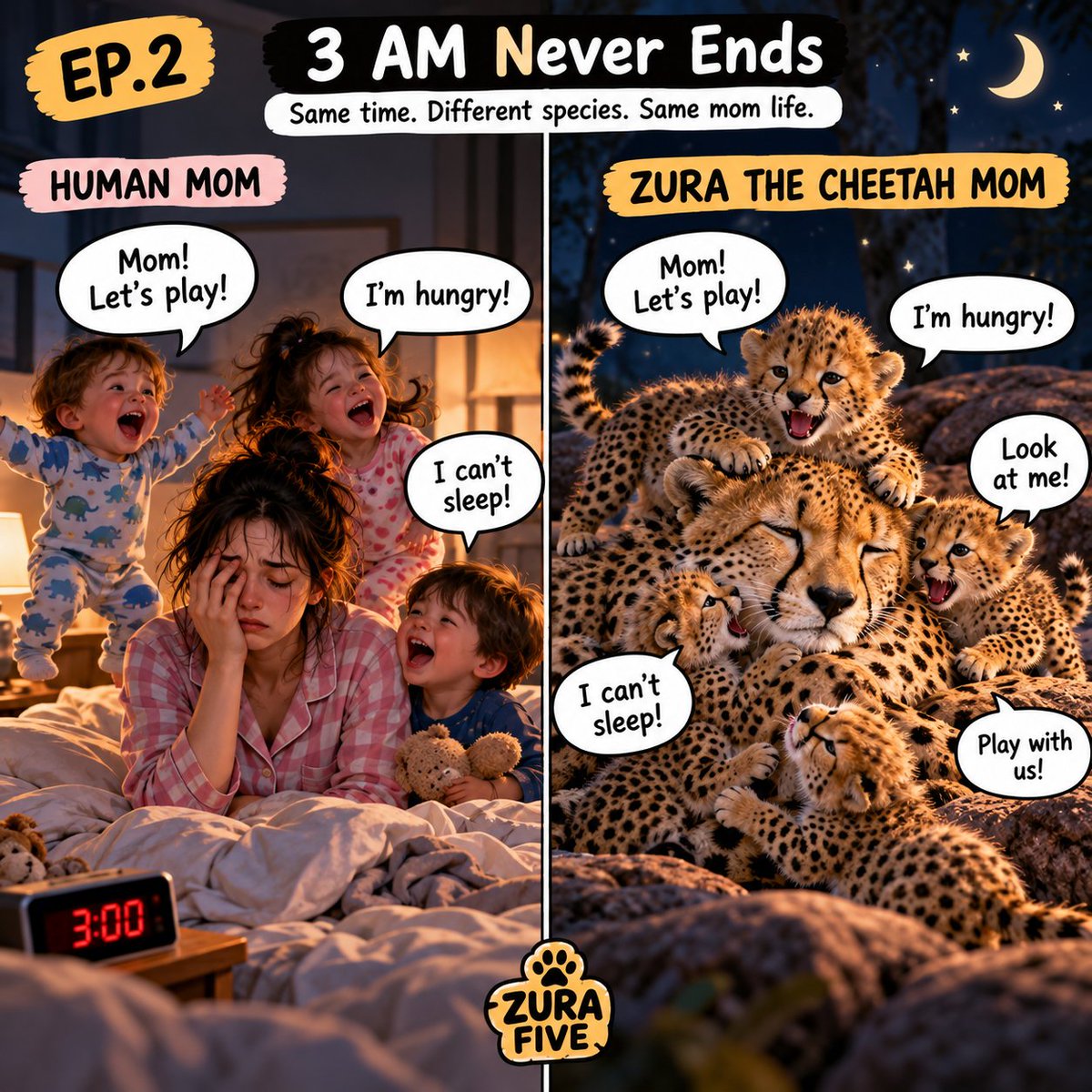 ZuraFive's tweet photo. 🐆 ZURA FIVE — EP.2: 3 AM Never Ends 🌙😂

Human mom: “Please, just let me sleep!” 😩

Zura with 5 cubs:
“Mom! Let's play!”
“I'm hungry!”
“Look at me!” 🐆😂

Different species. Same sleepless nights. ❤️

Tag a parent who hasn't slept in years! 😂 https://t.co/FaEhmFe3Ha