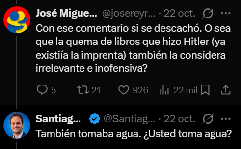 FalaciaDelDia's tweet photo. @cronepsis @SantiagoVelezP @josereyroman La quema de libros se puede evaluar como mala independientemente de quién la ejecute. En ese sentido, José Miguel propone un ejemplo para evaluarse por sí mismo, pero Santiago supone que se está evaluando por su asociación a Hitler

Santiago ve falacia de asociación donde no hay. https://t.co/PNZCCRslwR