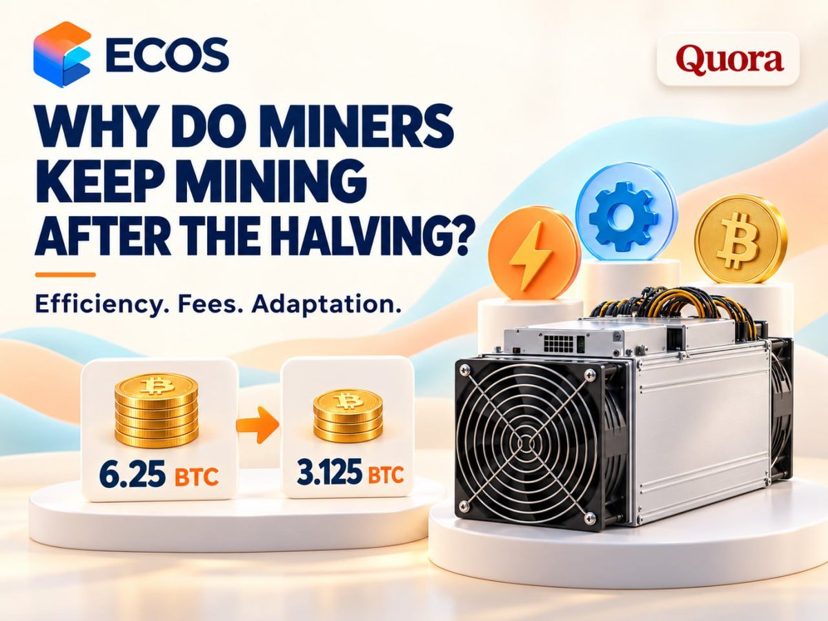 ecosmining's tweet photo. Why do Bitcoin miners keep mining after the halving?

In 2024, the block subsidy fell from 6.25 BTC to 3.125 BTC. Yet miners keep investing in ASICs and infrastructure.

The key? Energy costs, hardware efficiency, network difficulty &amp; BTC price.👇

https://t.co/jHLNVGChr7 https://t.co/96GqasPlex