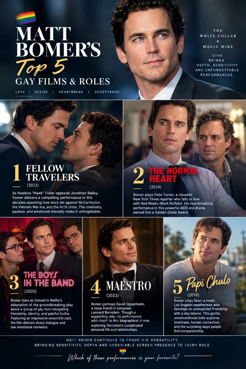 Babsphemii's tweet photo. Matt Bomer’s Top 5 Gay Films & Roles 🏳️‍🌈

Matt Bomer has delivered unforgettable LGBTQ+ performances, portraying love, desire, heartbreak, and the struggle for acceptance. Here are five standout roles worth watching!

1. Fellow Travelers (2023)
   As Hawkins “Hawk” Fuller opposite Jonathan Bailey, Bomer delivers a compelling performance in this decades-spanning love story set against McCarthyism, the Vietnam War era, and the AIDS crisis. The chemistry, passion, and emotional intensity make it unforgettable.

2. The Normal Heart (2014)
   Bomer plays Felix Turner, a closeted New York Times reporter who falls in love with Ned Weeks (Mark Ruffalo). His heartbreaking performance in this powerful AIDS-era drama earned him a Golden Globe Award.

3. The Boys in the Band (2020) 
   Bomer stars as Donald in Netflix’s adaptation of the groundbreaking play about a group of gay men navigating friendship, identity, and painful truths. Featuring an impressive ensemble cast, the film delivers sharp dialogue and raw emotional moments.

4. Maestro (2023)
   Bomer portrays David Oppenheim, a close friend of composer Leonard Bernstein. Though a supporting role, his performance adds depth to this biographical drama exploring Bernstein’s complicated personal life and relationships.

5. Papi Chulo (2018)
   Bomer plays Sean, a lonely Los Angeles weatherman who develops an unexpected friendship with a day laborer. This gentle, unconventional indie explores loneliness, human connection, and the surprising ways people find companionship.

Matt Bomer continues to prove his versatility, bringing sensitivity, depth, and undeniable screen presence to every role. 👇🏳️‍🌈