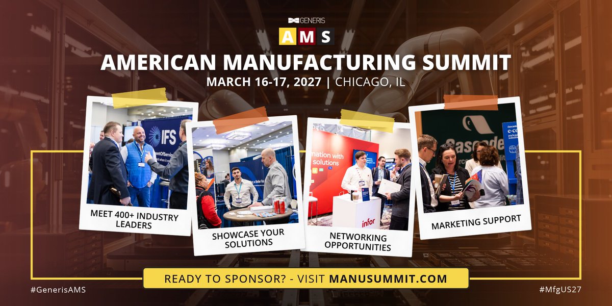 Generis_Mfg's tweet photo. Looking to gain a clear competitive edge in the manufacturing industry next year?
The American Manufacturing Summit gives featured solution providers a distinct advantage in building high-value, lasting industry partnerships.
๐: https://t.co/Ni8mxGiC9Q
โ
#GenerisAMS #MfgUS27 https://t.co/AZdQpp96QA