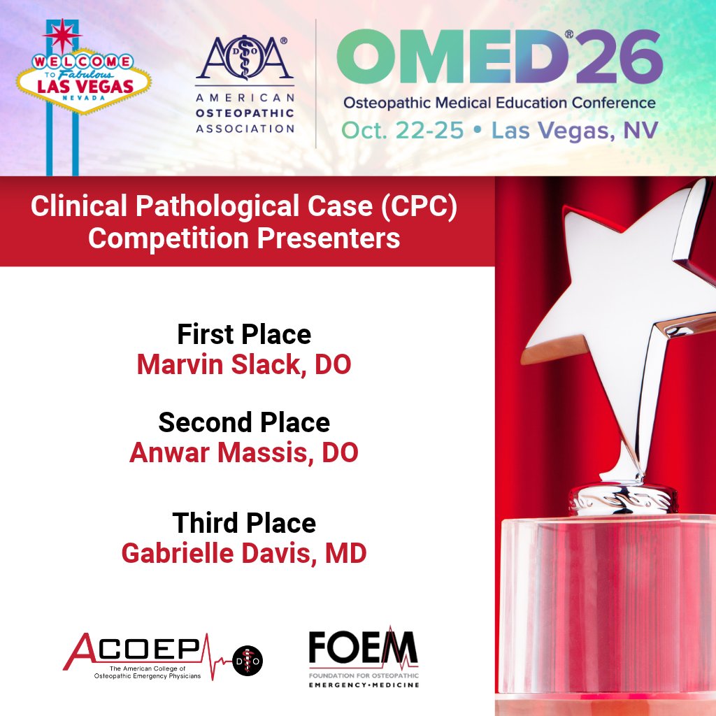 ACOEP's tweet photo. Congratulations to the winners of yesterday’s FOEM competitions at #OMED2026! 🏆  
Clinical Pathological Case (CPC) Competition, Resident Presenter
🥇 Marvin Slack, DO
🥈 Anwar Massis, DO
🥉 Gabrielle Davis, MD 
#ACOEP #FOEM #EmergencyMedicine https://t.co/5a71nFP8en