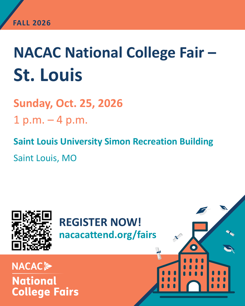 NACAC's tweet photo. It’s #CollegeFair SZN! #NACAC invites students and parents to explore the college search process this Sunday, Oct. 25 from 1-4 p.m. at St. Louis University's Simon Recreation Center. Register and check out the participating colleges: https://t.co/rdxZbnG6lx https://t.co/OCHPD4FKzK