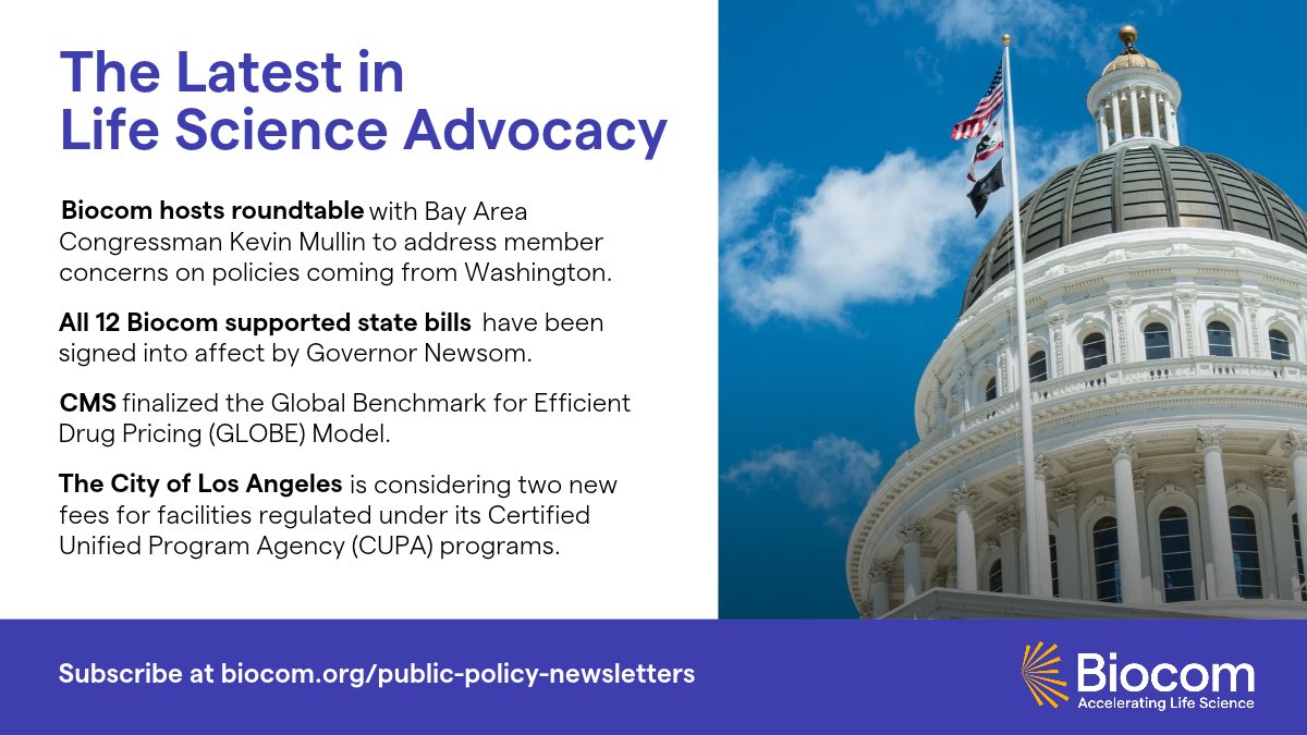 Biocom's tweet photo. In this month’s Policy & Advocacy Newsletter, we cover the recent roundtable with Bay Area Congressman Kevin Mullin, 12 Biocom supported state bills signed into law, CMS's new finalized GLOBE Model, two proposed fees for facilities regulated under CUPA programs in Los Angeles and more.  

Read the full newsletter: https://t.co/CWucbbOMbj