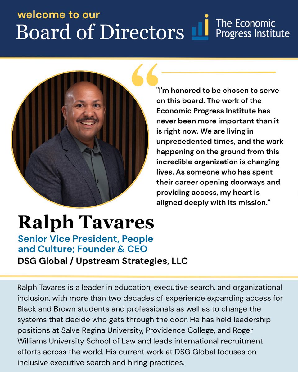 EconProgressRI's tweet photo. We are excited to welcome Ralph Tavares to EPI’s Board of Directors!

With 20+ years in higher education and executive recruitment, Ralph has worked to expand opportunities for Black and Brown students and professionals.

Learn more: https://t.co/g6NwK878UE

@tavares_ra29187 https://t.co/6s0aKUVmnm
