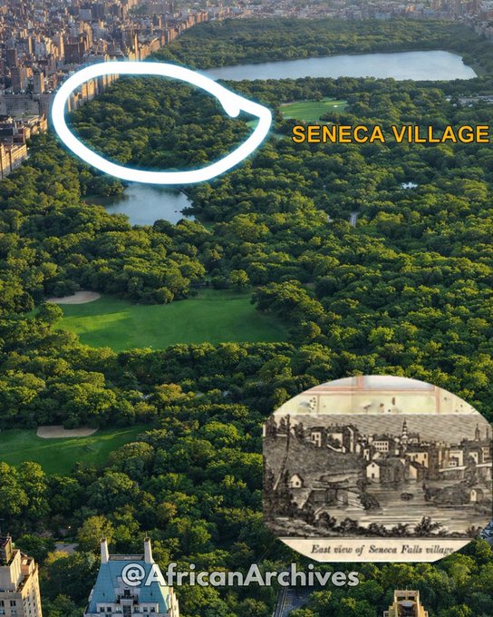AfricanArchives's tweet photo. Did you know that an entire Manhattan village owned by black people was destroyed to build Central Park.

The community was called Seneca Village. It spanned from 82nd Street to 89th Street.

Long before these trees, paths, and open lawns existed, this land was home to Seneca Village—a thriving community founded in 1825 by free Black Americans. Located between what we now know as West 82nd Street and West 89th Street, Seneca Village was a place of stability, ownership, and independence during a time when those things were deliberately denied to many.

Families here owned their homes. They built churches, a school, and created a close-knit neighborhood where children were educated and adults exercised civic rights. Property ownership in Seneca Village even allowed Black men to vote, granting a level of political voice that was rare in New York at the time. Later, Irish immigrants also became residents, making it one of the city’s earliest racially integrated communities.

In the 1850s, the land was taken to make way for Central Park. Entire households were forced to leave. Homes were torn down. A living community disappeared so a public space could rise in its place.

Today, millions walk through this park unaware of what once existed beneath their feet. This image is more than a scenic view—it marks a place where lives were built, futures were shaped, and a community once stood proud.