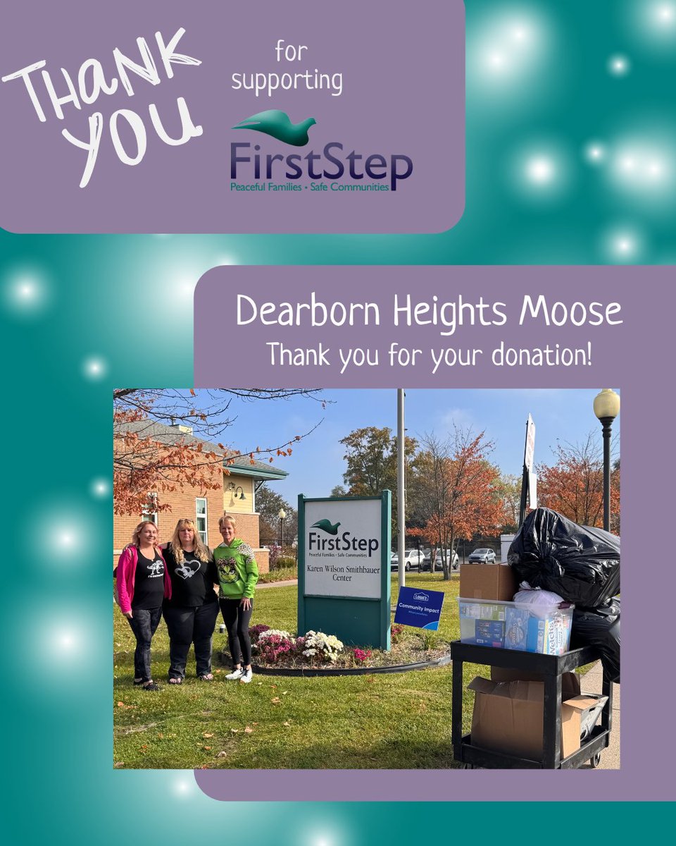 FirstStepPeace1's tweet photo. A huge thank you to Tolima and the Dearborn Heights Moose for their generous donations to First Step! Your contributions of blankets, snacks, backpacks, and a variety of personal care items will make a meaningful difference for the survivors and families we serve.💜 https://t.co/he1mR9nAz8
