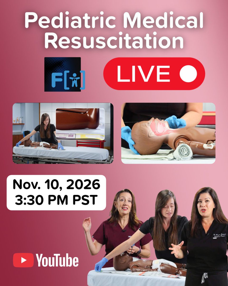emrap_tweets's tweet photo. 📅 Save the date: Tuesday, November 10th at 3:30 pm PST (Livesteaming on YouTube📺)

Join us live from the studio 🎥 with Miz, Britt, and PEM expert Dr. Emily Rose for a fast-paced and case-based session on pediatric medical resuscitation pearls 🩺👶

🚨 From the moment a sick kiddo hits the door to stabilization, we know every minute counts. 
💡 Boost your pediatric medical resus skills + live Q&A 💬

#Pediatrics #Peds #PedsMedicalResus #Resusciation #PedsResus #EM #EMRAP #EmergencyMedicine #MedEd #Livestream