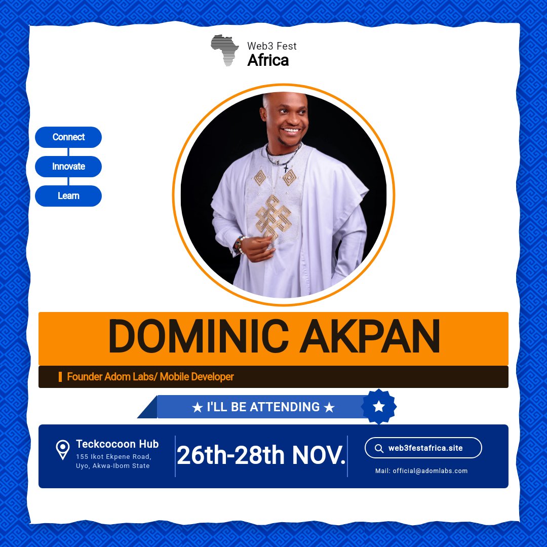 TechyDom's tweet photo. I'll be live at @Web3FestAfrica 2026! Join me and thousands of builders across Africa in Uyo, Nigeria (Nov 26–28 at Teckcocoon).

Grab your pass here: https://t.co/5MGPNtHkVn

#Web3FestAfrica2026 #Web3FestAfrica #Web3InUyo https://t.co/YPI0yVfO0A