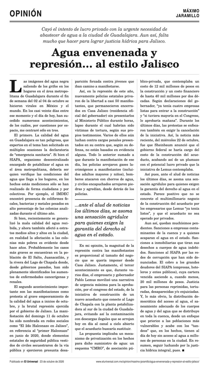 rojo_neon's tweet photo. Hola, les comparto mi columna de la semana en El Universal ✨ llamada "Agua envenenada y represión... Al estilo Jalisco". La pueden leer ahí en la página a la que lleva el link: https://t.co/Xq7CYz7GL1 https://t.co/zVt9l8PVDU