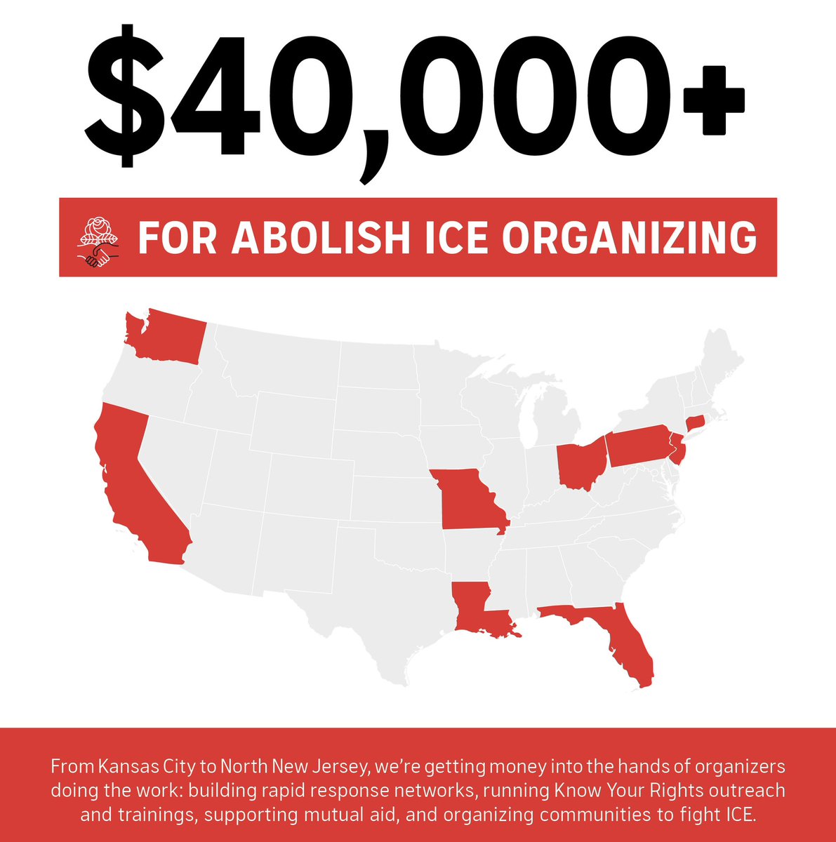 DemSocialists's tweet photo. DSA’s Abolish ICE Grant Program has awarded $40,000 to 11 chapters nationwide, supporting ICE watch programs, Know Your Rights trainings, and food distribution for communities impacted by ICE surges. Solidarity means showing up where our communities need us. https://t.co/DUju5rLtnZ