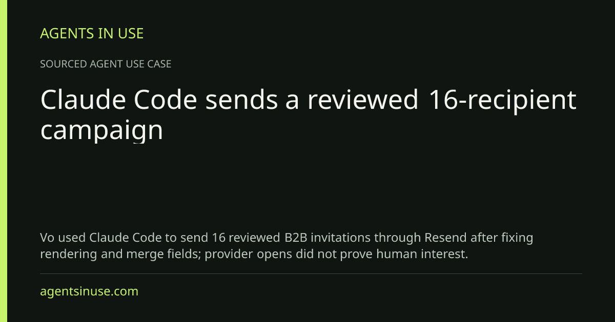 agentsinuse's tweet photo. Sixteen personalised invitations sent after preview checks and explicit approval. Vo reports fixing clipped text and Vietnamese encoding with Claude Code first. @claudeai
https://t.co/l1ZRJbSBjC https://t.co/TgAShWVd13